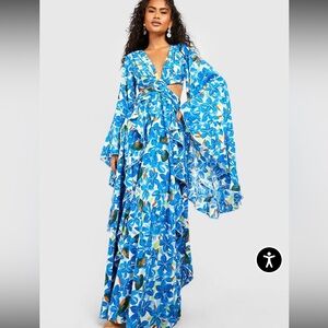 Tropical Floral Maxi Cutout Dress with Blue and Green Accents, NWT